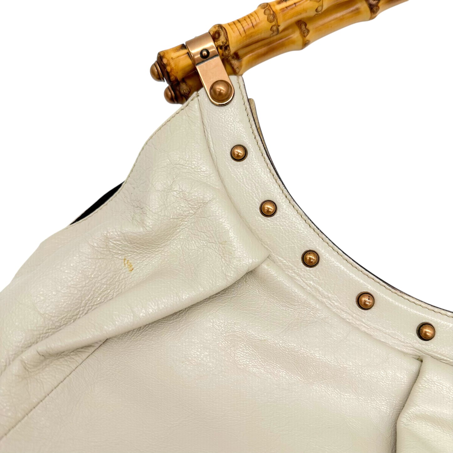 Gucci Ivory Leather Bamboo Handle Studded Shoulder Bag