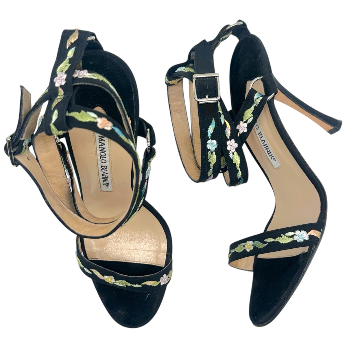 Manolo Blahnik Black Floral Embroidered Ankle Wrap Sandals