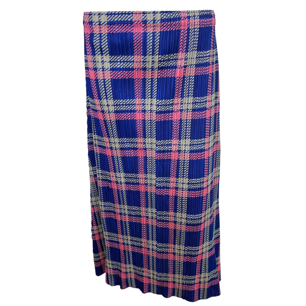 Issey Miyake Pleats Please Blue Pink Plaid Midi Skirt