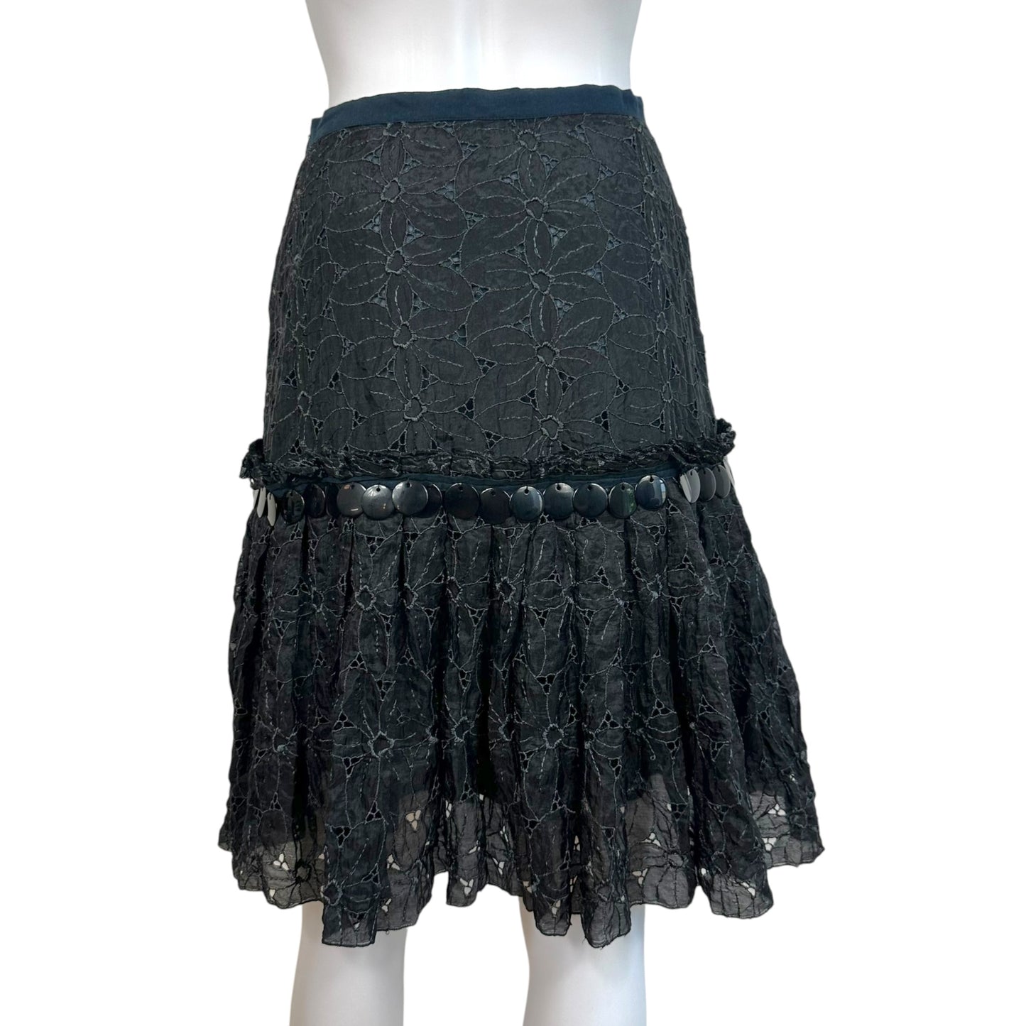 Blumarine Black Silk Beaded Floral Midi Skirt