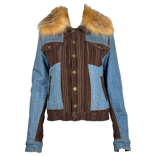 D&G Dolce & Gabbana Corduroy and Denim Fox Fur Trim Jacket
