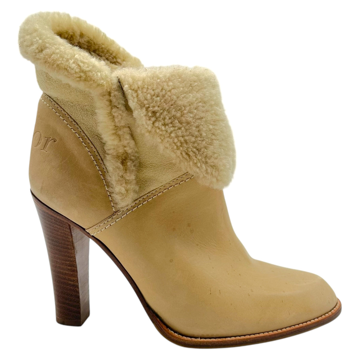 Christian Dior Beige Leather & Shearling Fold-Over Logo Heeled Booties