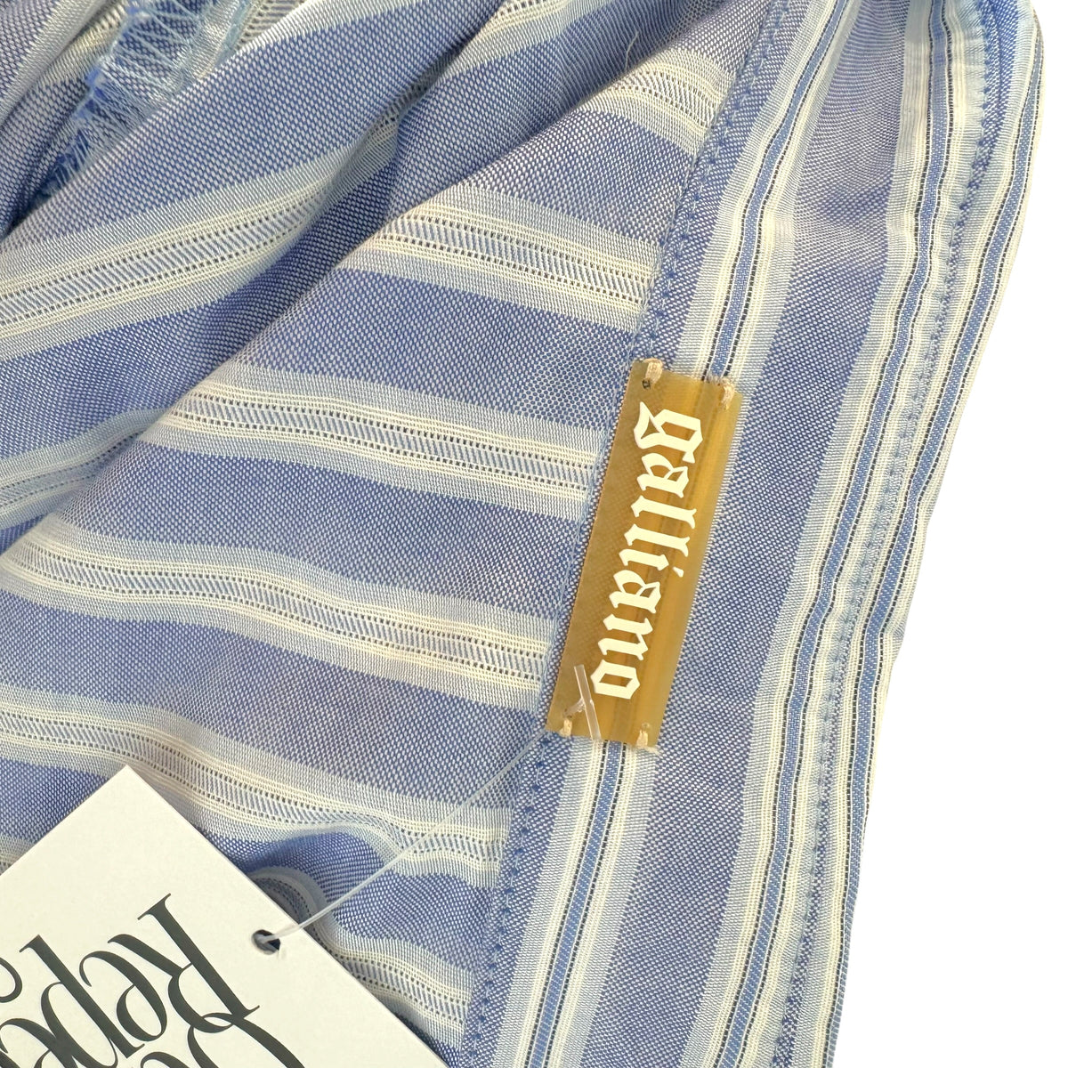 Galliano Blue Pinstriped Logo Embroidered Button Up Blouse
