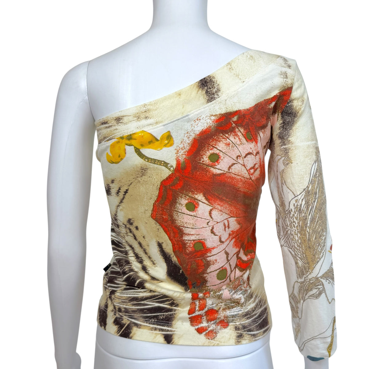 Just Cavalli Roberto Cavalli Butterfly Print One Shoulder Asymmetrical Top