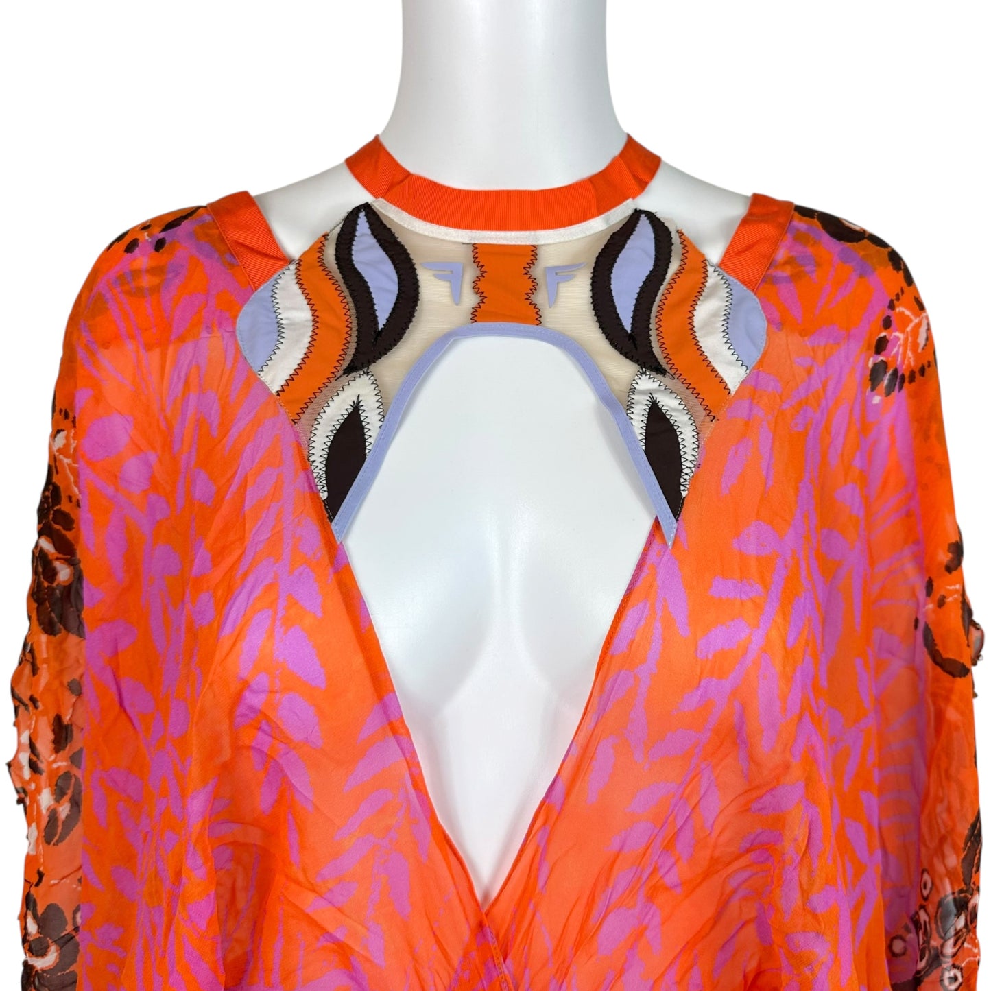 Fendi Orange & Purple Printed Silk Batwing Sleeve Cut-Out Maxi Dress NEW