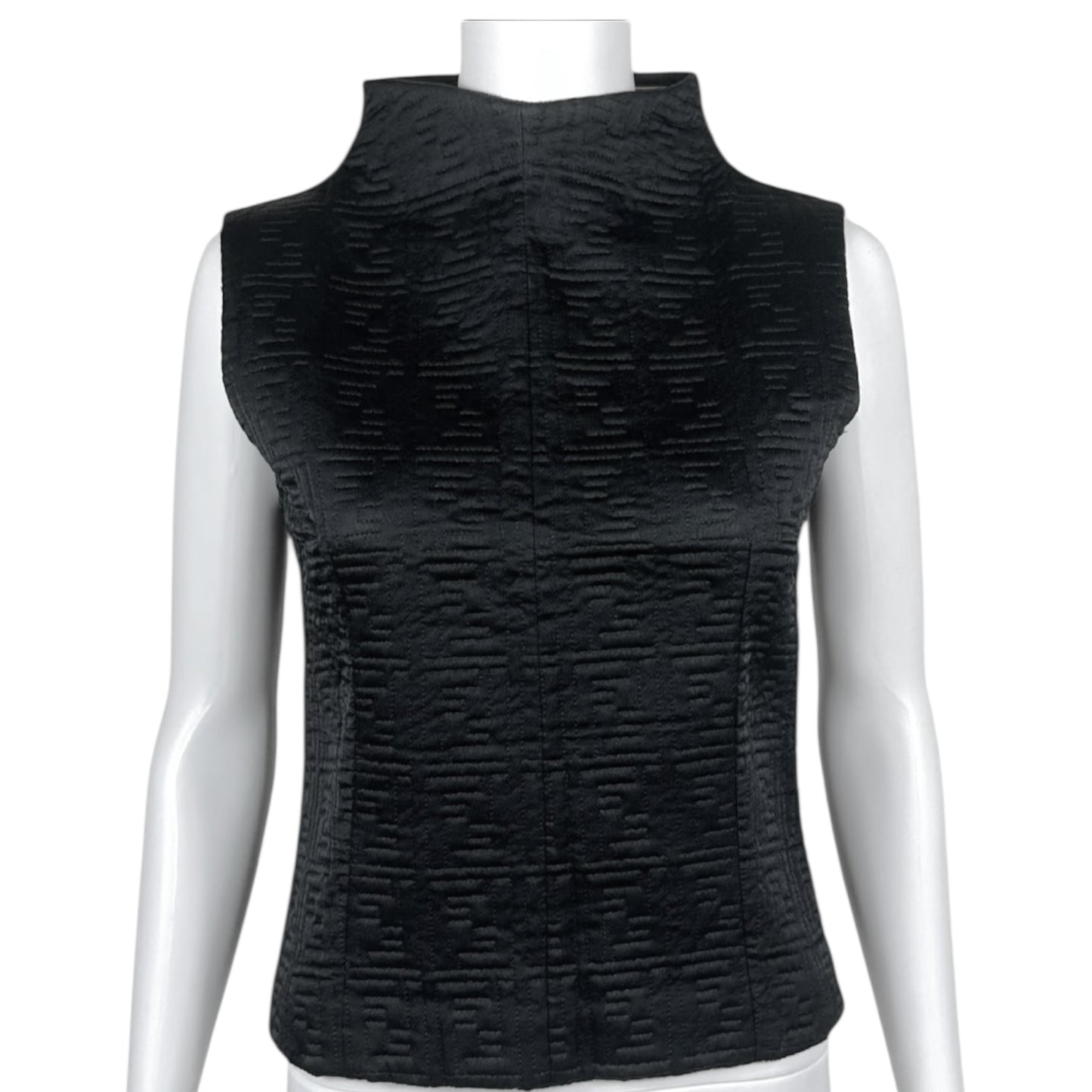 Fendi Black Zucchino Monogram Embroidered Silk Mock-Neck Top