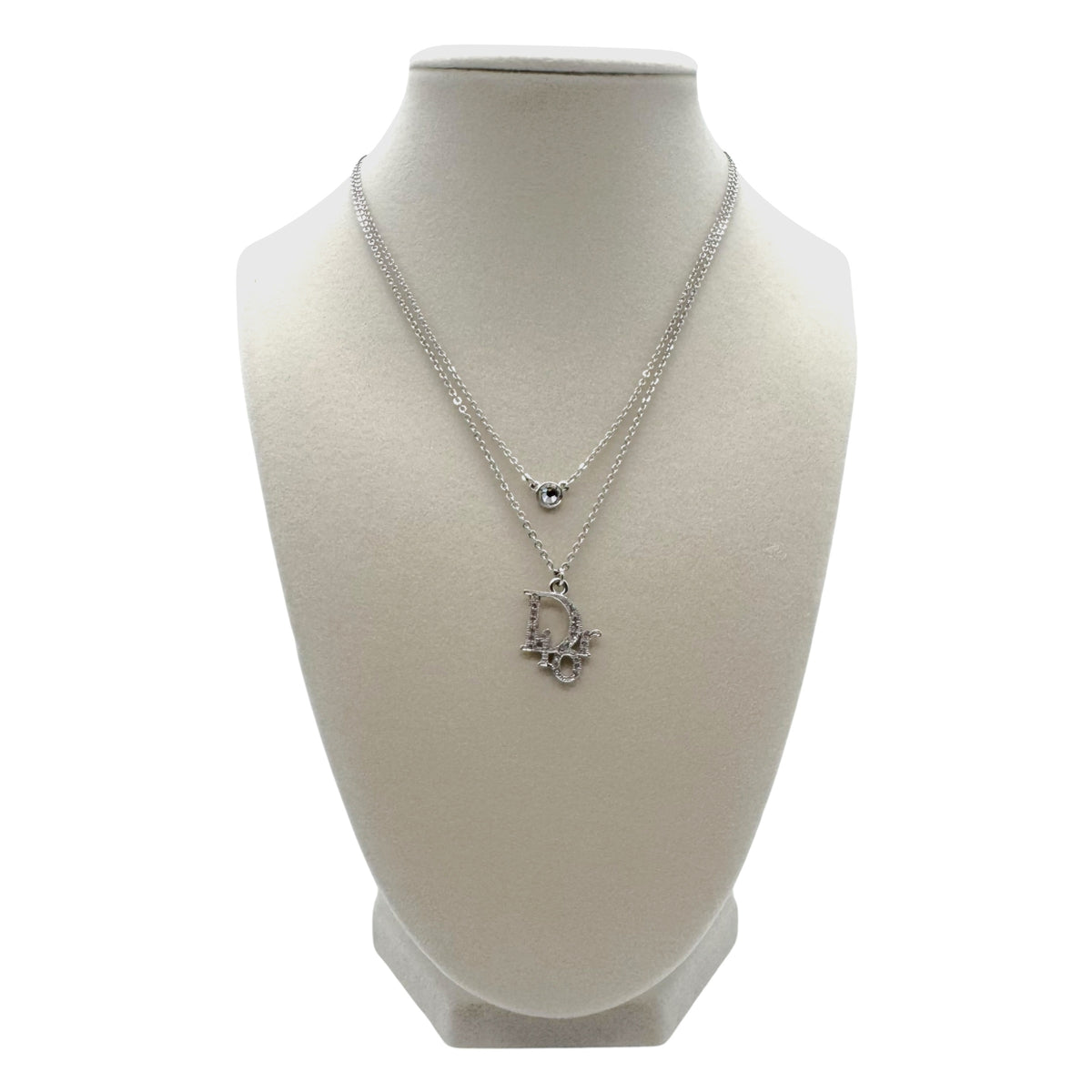 Christian Dior Silver Crystal Logo Charm Double Strand Necklace