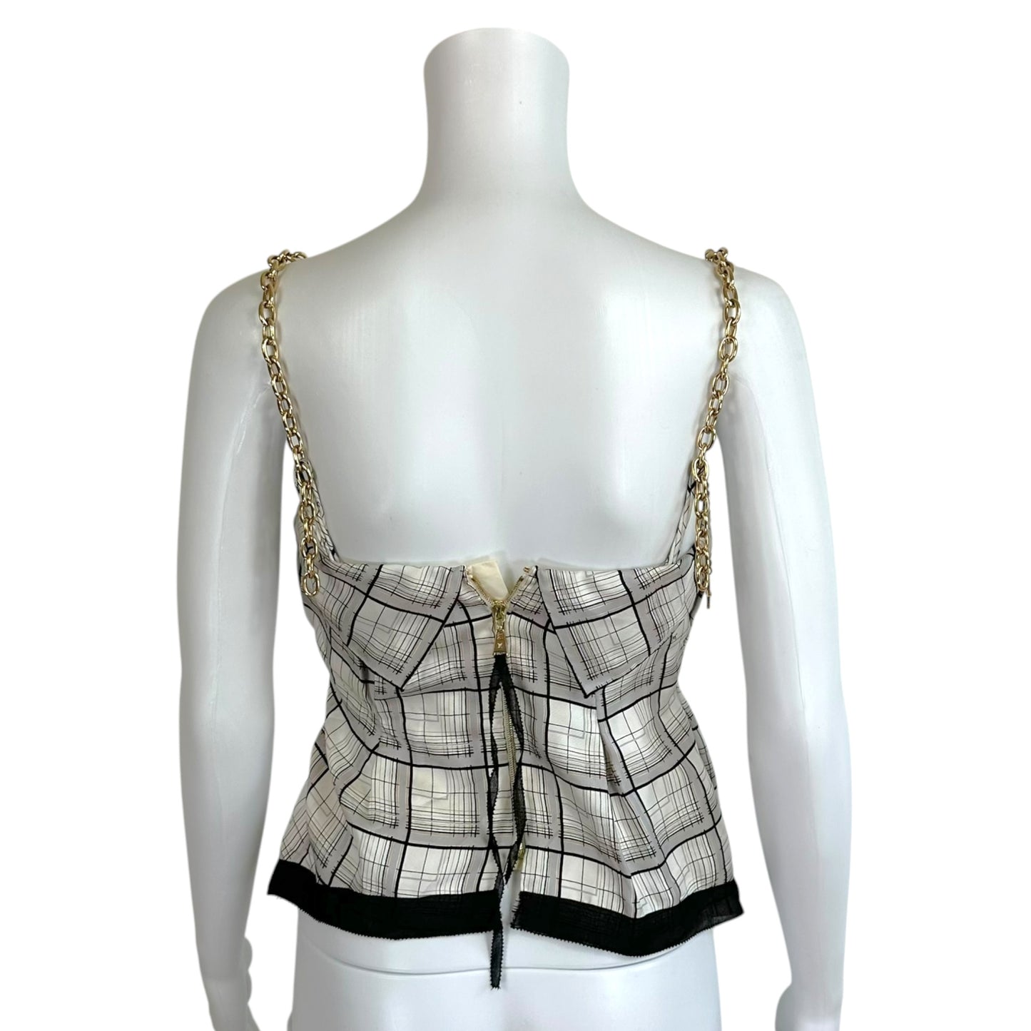 Louis Vuitton Plaid Print Silk Bustier Blouse w/ Gold Logo Charm Chain Strap