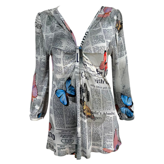 Galliano Butterfly Newsprint Blouse Top V-Neck 3/4 Sleeve
