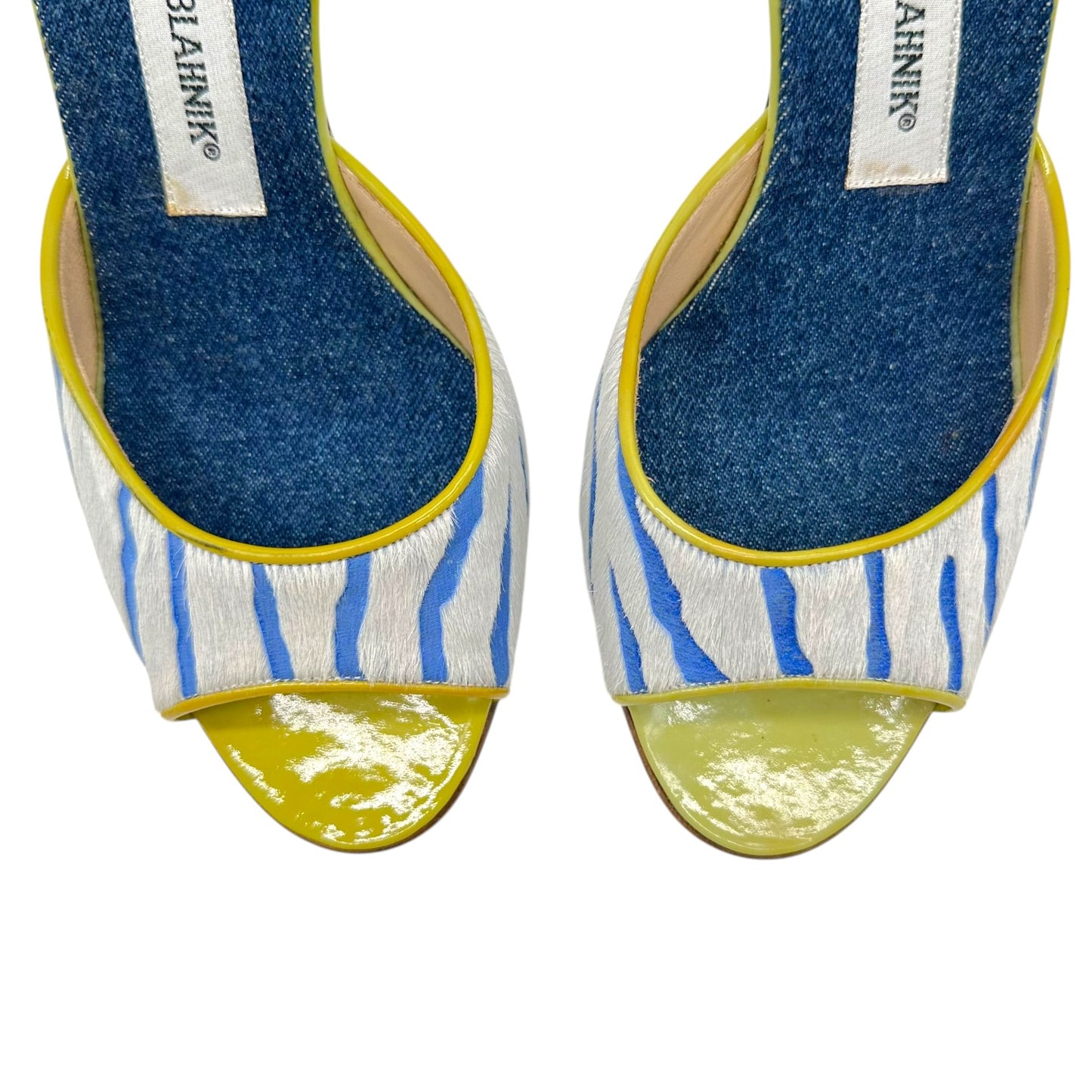 Manolo Blahnik Blue & Green Zebra Print Ponyhair Mule Heels
