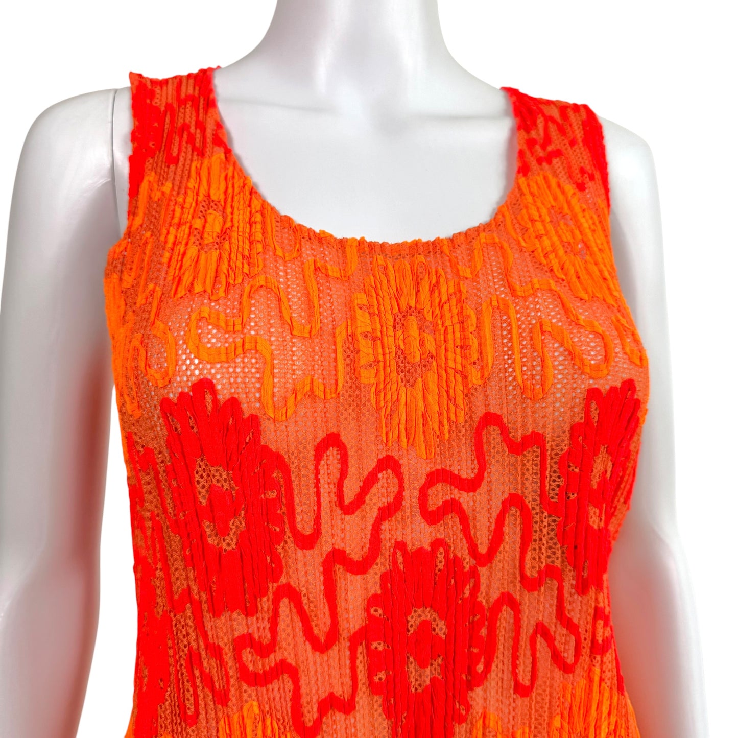Issey Miyake Pleats Please Neon Orange Mesh & Floral Applique Pleated Sleeveless Midi Dress Sz 3