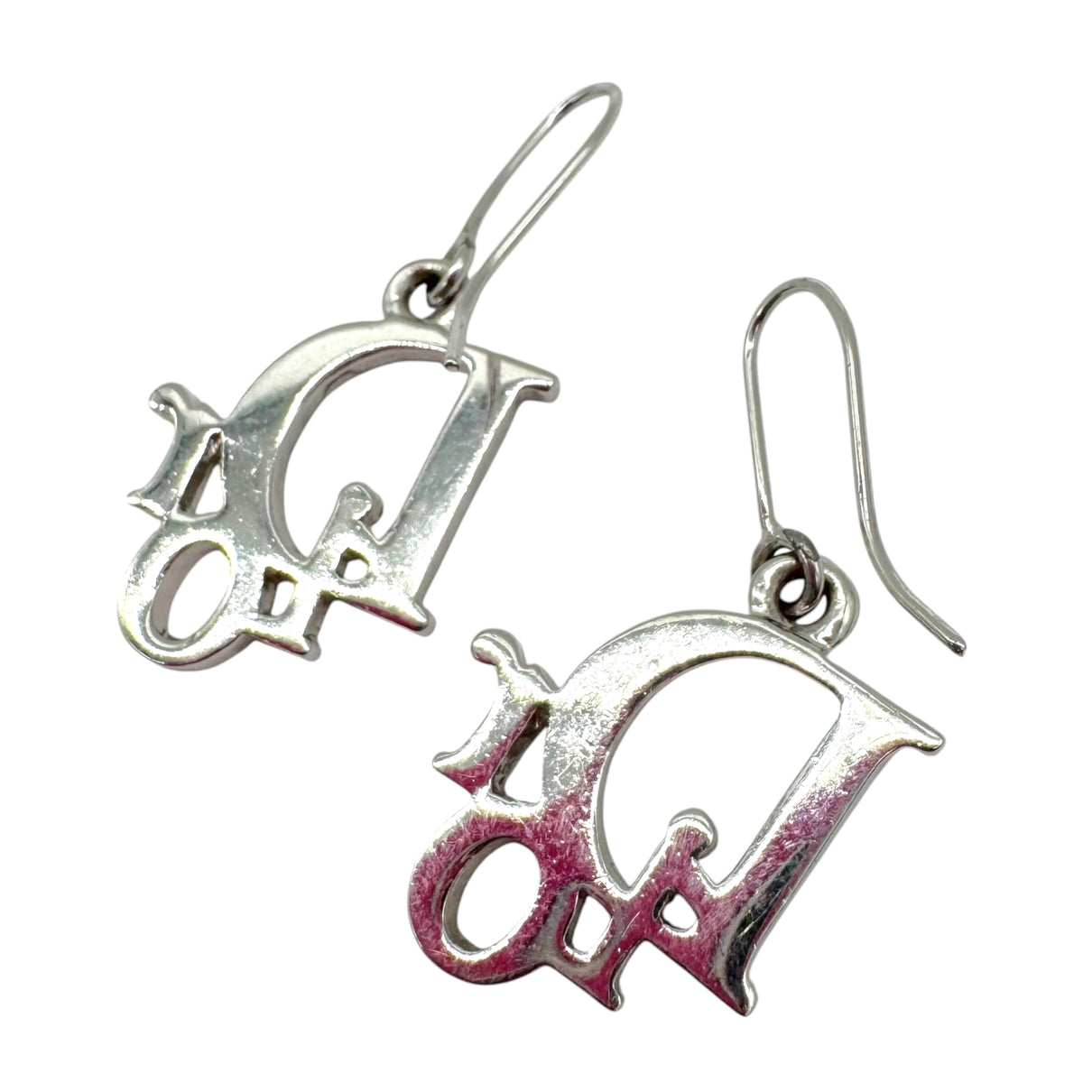 Christian Dior Silver Crystal Logo Dangly Earrings