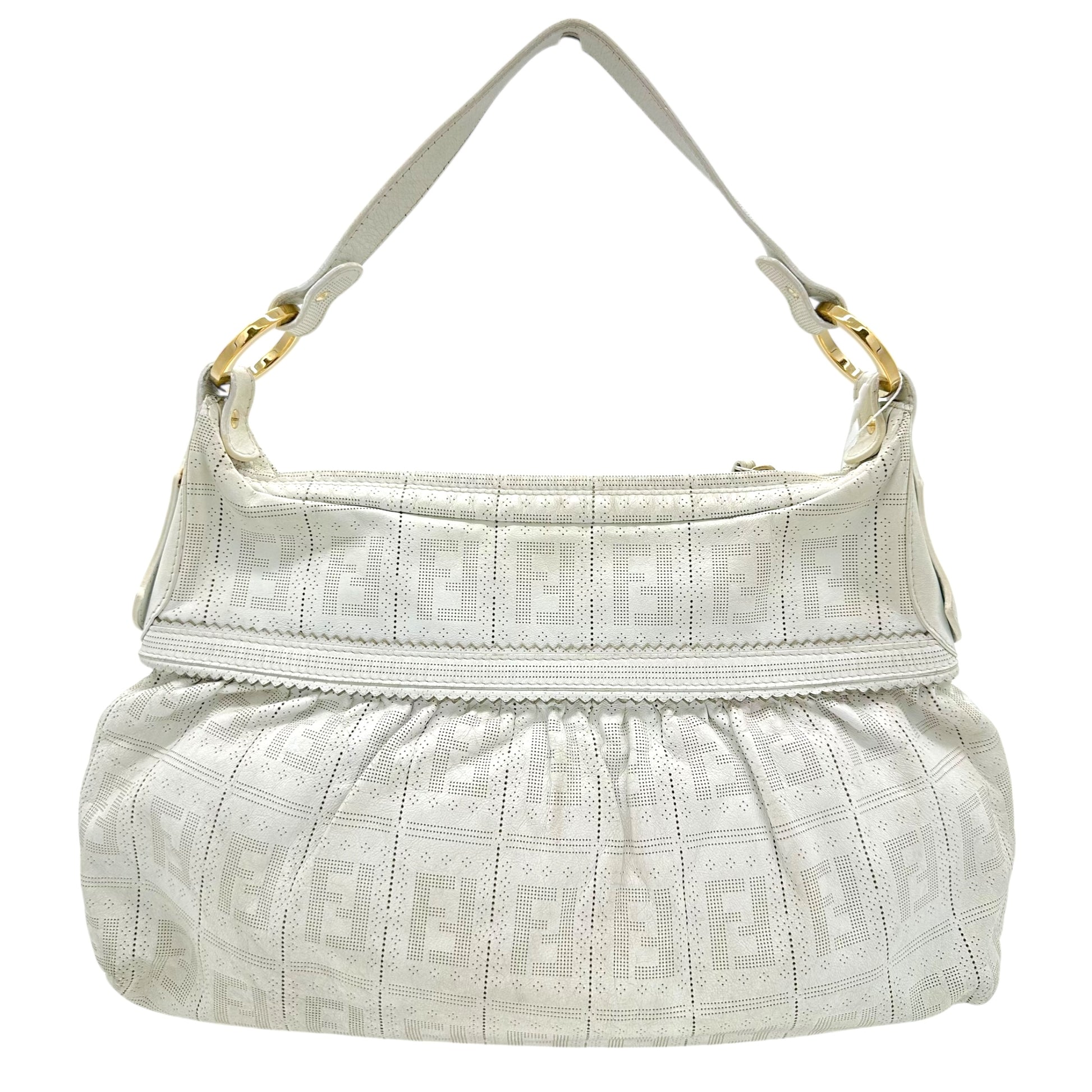 Fendi White Leather Perforated Zucca Monogram Large Chef Bag - Outfit Repeater