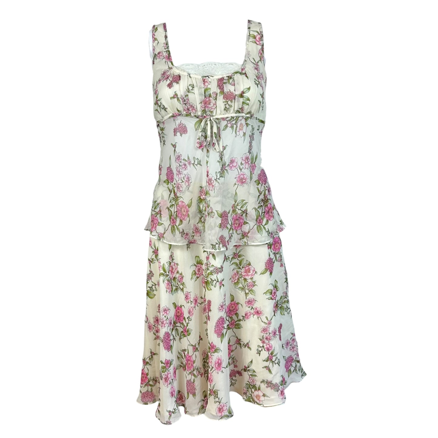 Escada Pink & White Floral Silk Blouse & Midi Skirt Set