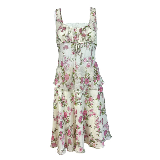 Escada Silk Floral Blouse And Midi Skirt Set Pink White