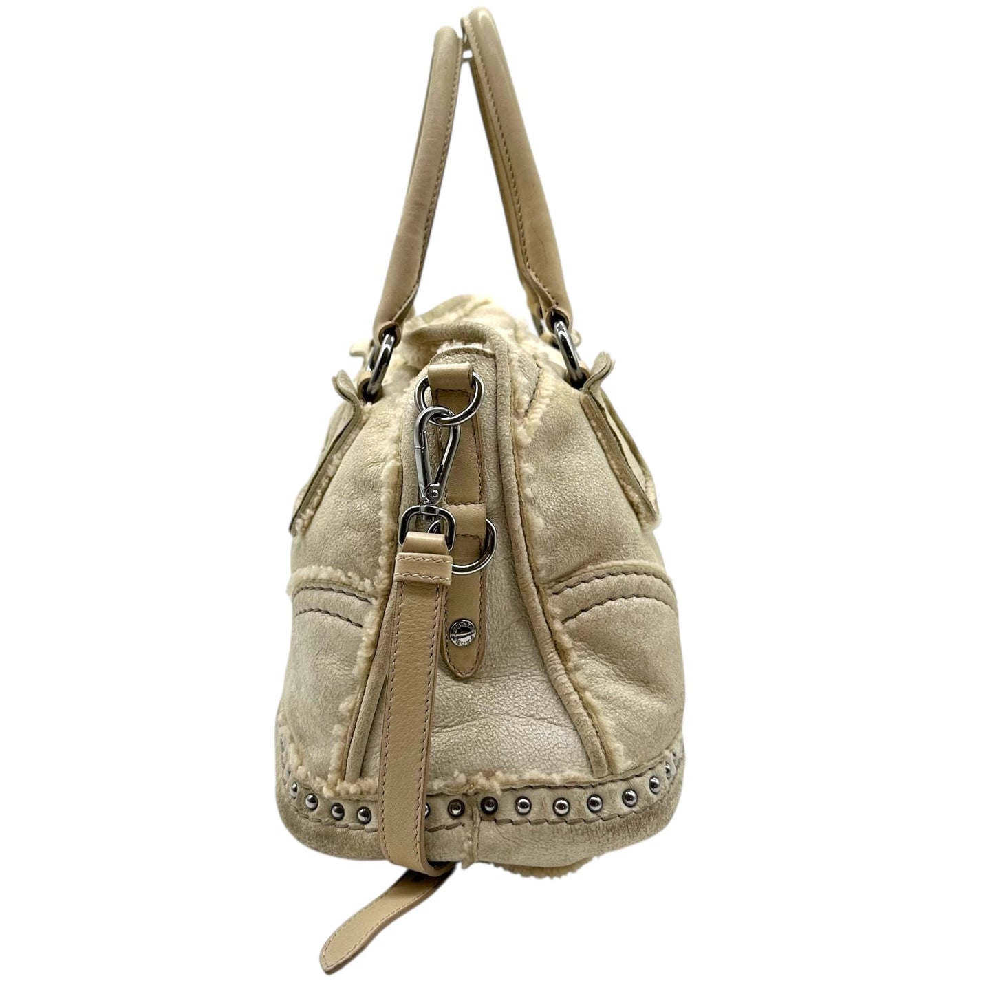 Prada Off White Studded Shearling 2-Way Bag