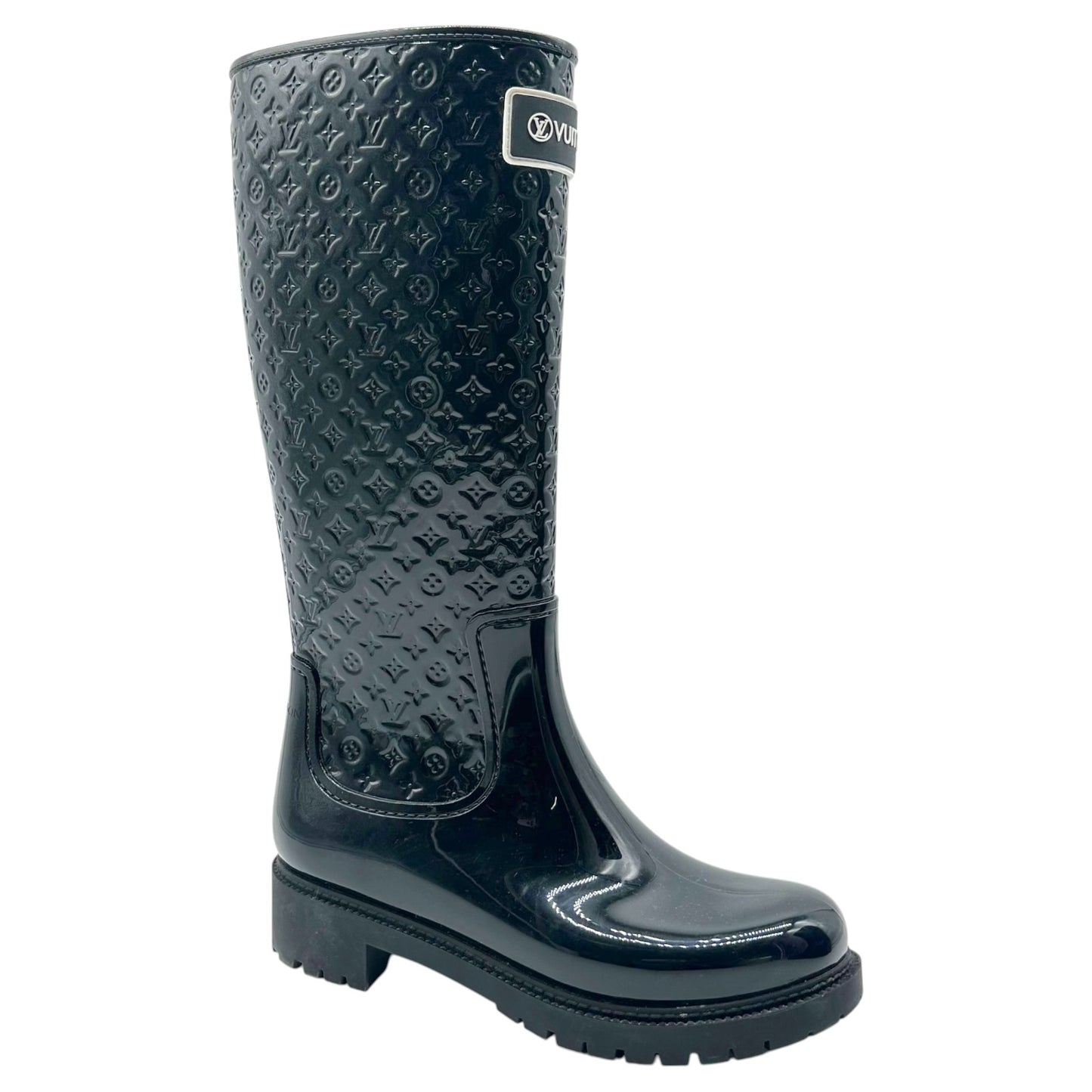 Louis Vuitton Black Shiny Rubber Embossed Monogram Rain Boots