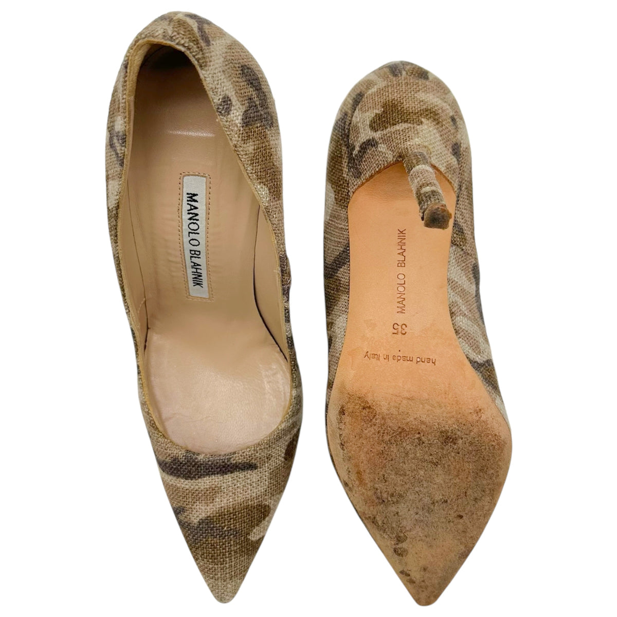 Manolo Blahnik Camo Print Linen Pointed Toe Pumps