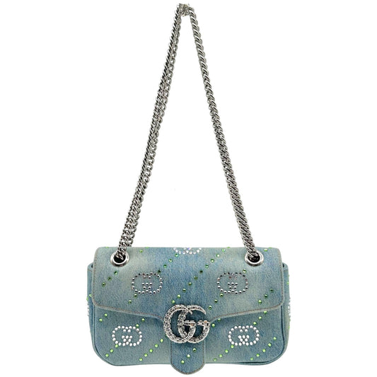 Gucci Denim & Crystal Monogram Applique Medium Marmot Bag