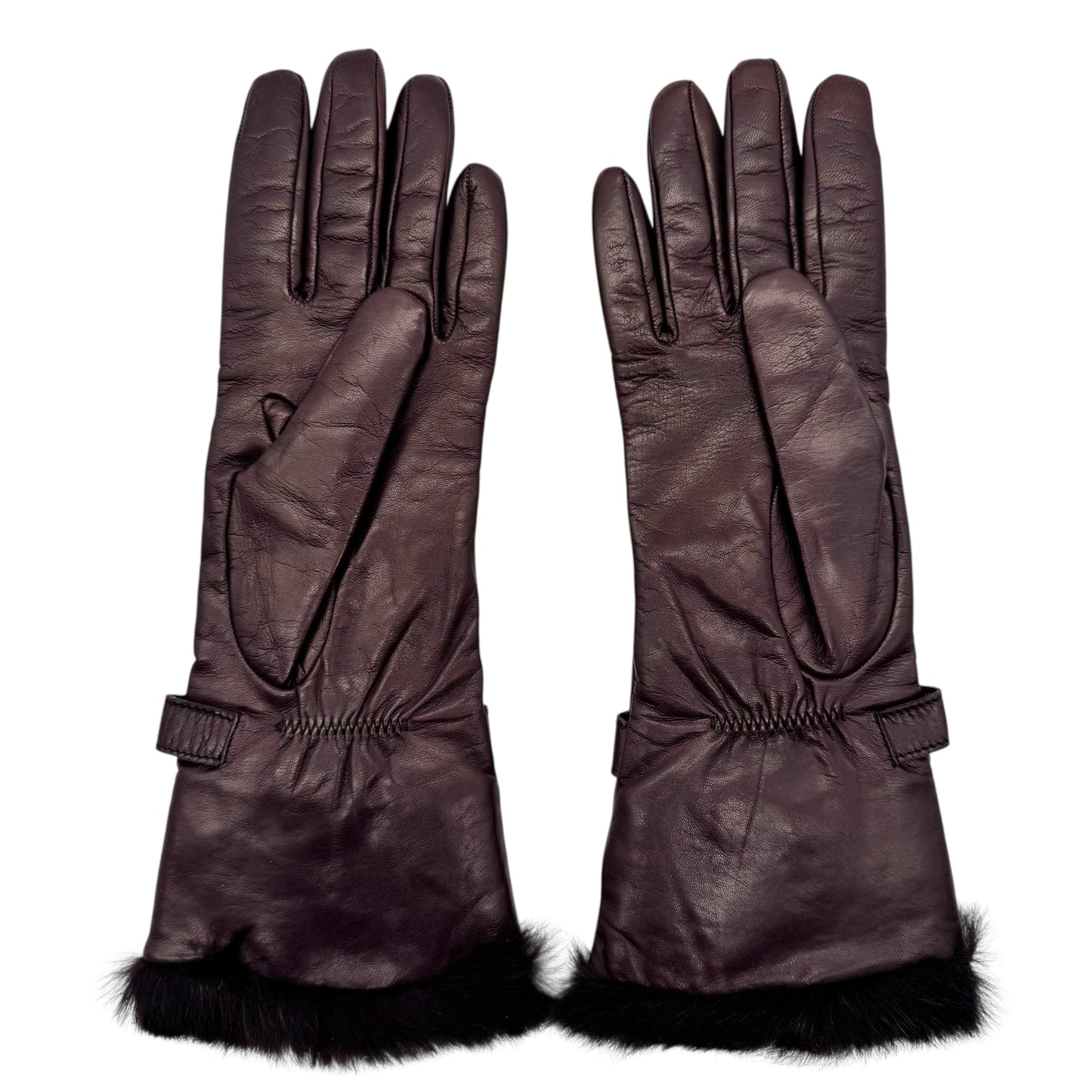 Fendi Burgundy Leather Fur Trim Gloves