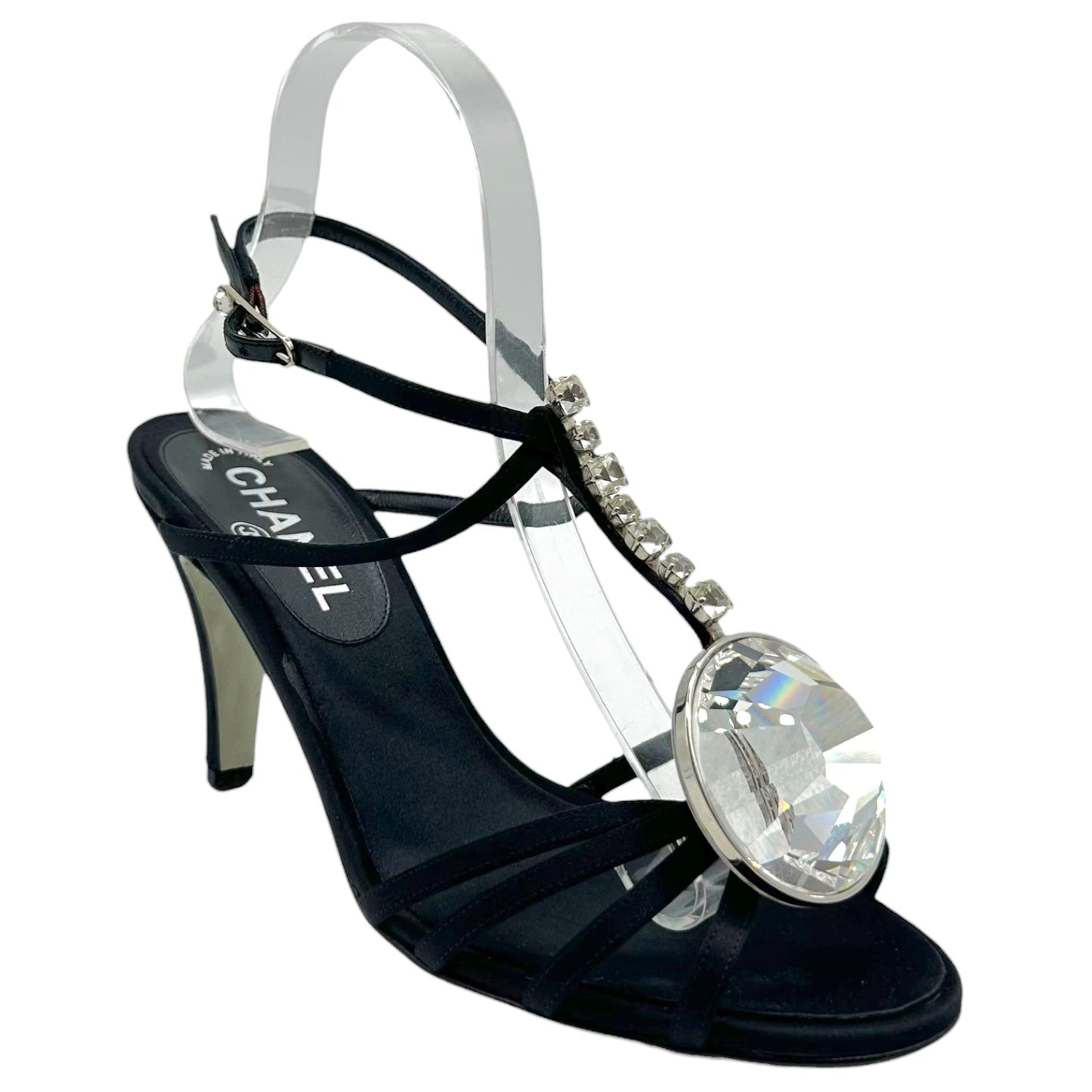 Chanel Black Silk Strappy Heels With Crystal Embellishments
