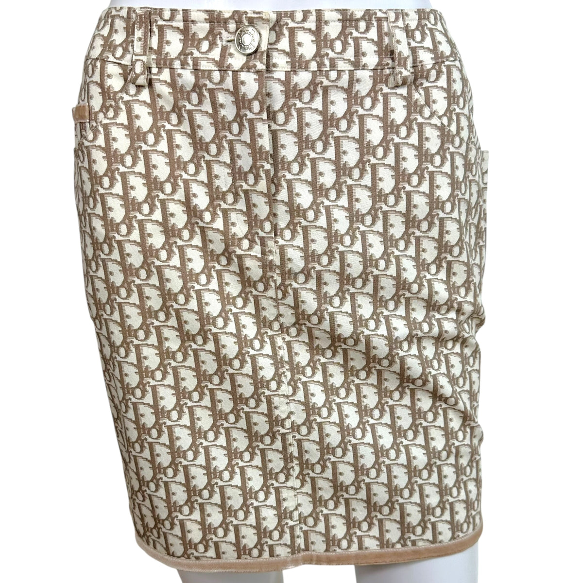 Christian Dior Midi Skirt Ivory Tan Trotter Monogram Velvet