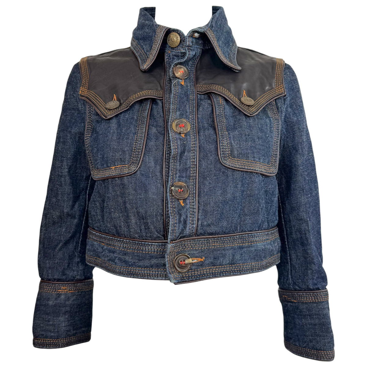 Dsquared2 Dark Wash Denim & Brown Leather Cropped 3/4 Sleeve Jacket NEW