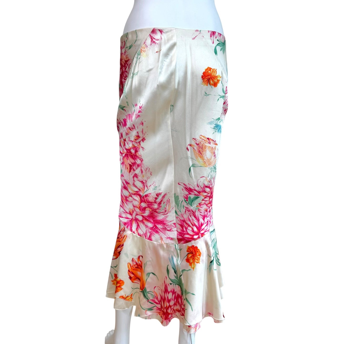 Roberto Cavalli White Multicolor Floral Print Mermaid Hem Silk Maxi Skirt