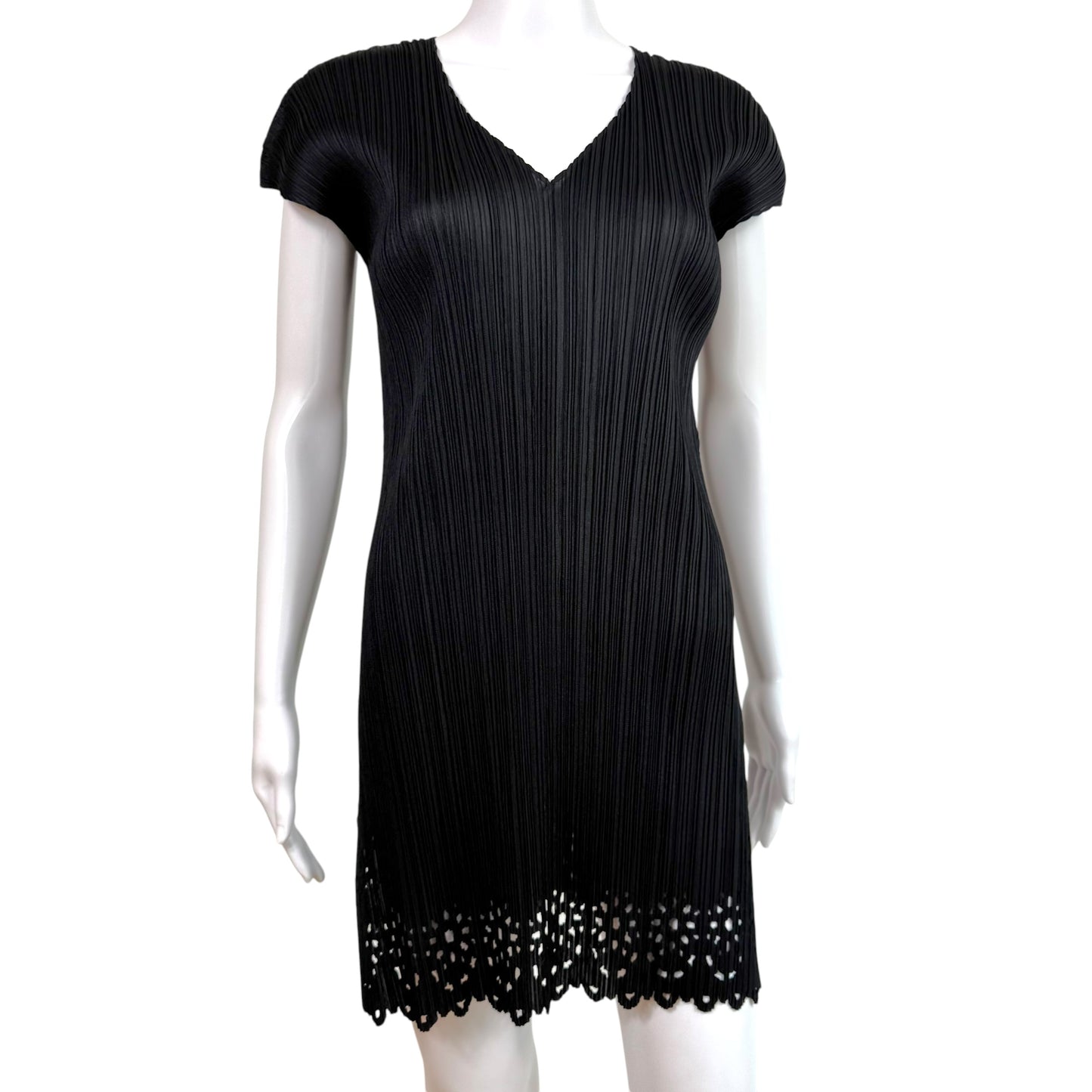 Issey Miyake Pleats Please Black Laser Cut-Out Trim Pleated Mini Dress Sz 3