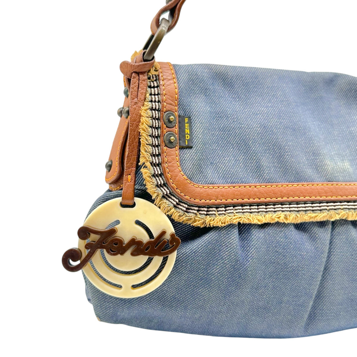 Fendi Chef Shoulder Bag Blue Denim Brown Leather