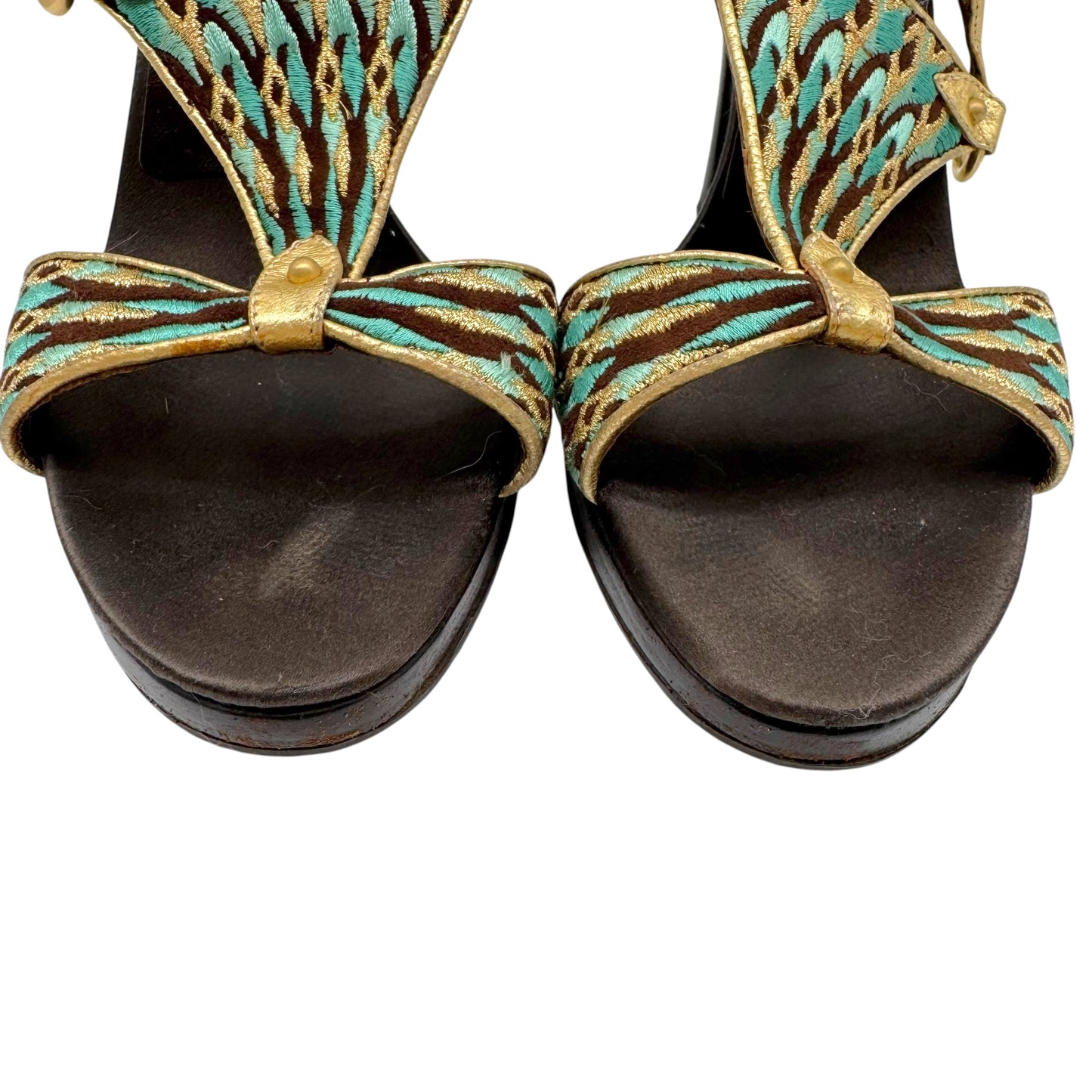 Valentino Garvani Turquoise Gold Embroidered Sandal Heels