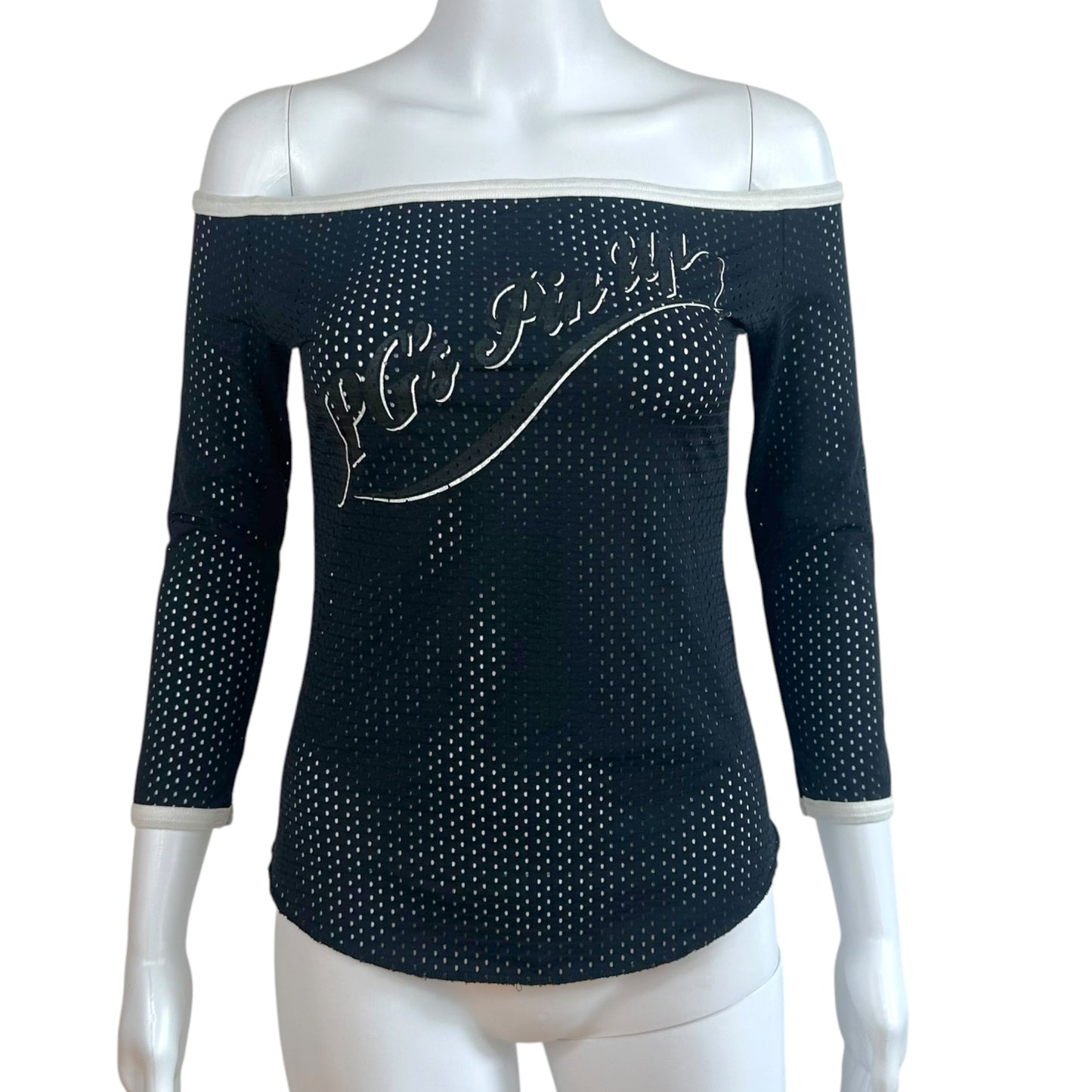 Jean Paul Gaultier Black & White 'JPG's Pin-Up' 3/4 Sleeve Off Shoulder Jersey Top