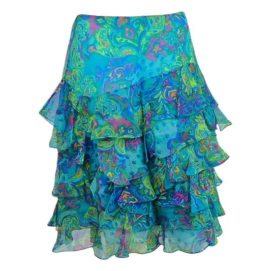 Ralph Lauren Black Label Turquoise Blue Paisley Print Silk Tiered Midi Skirt