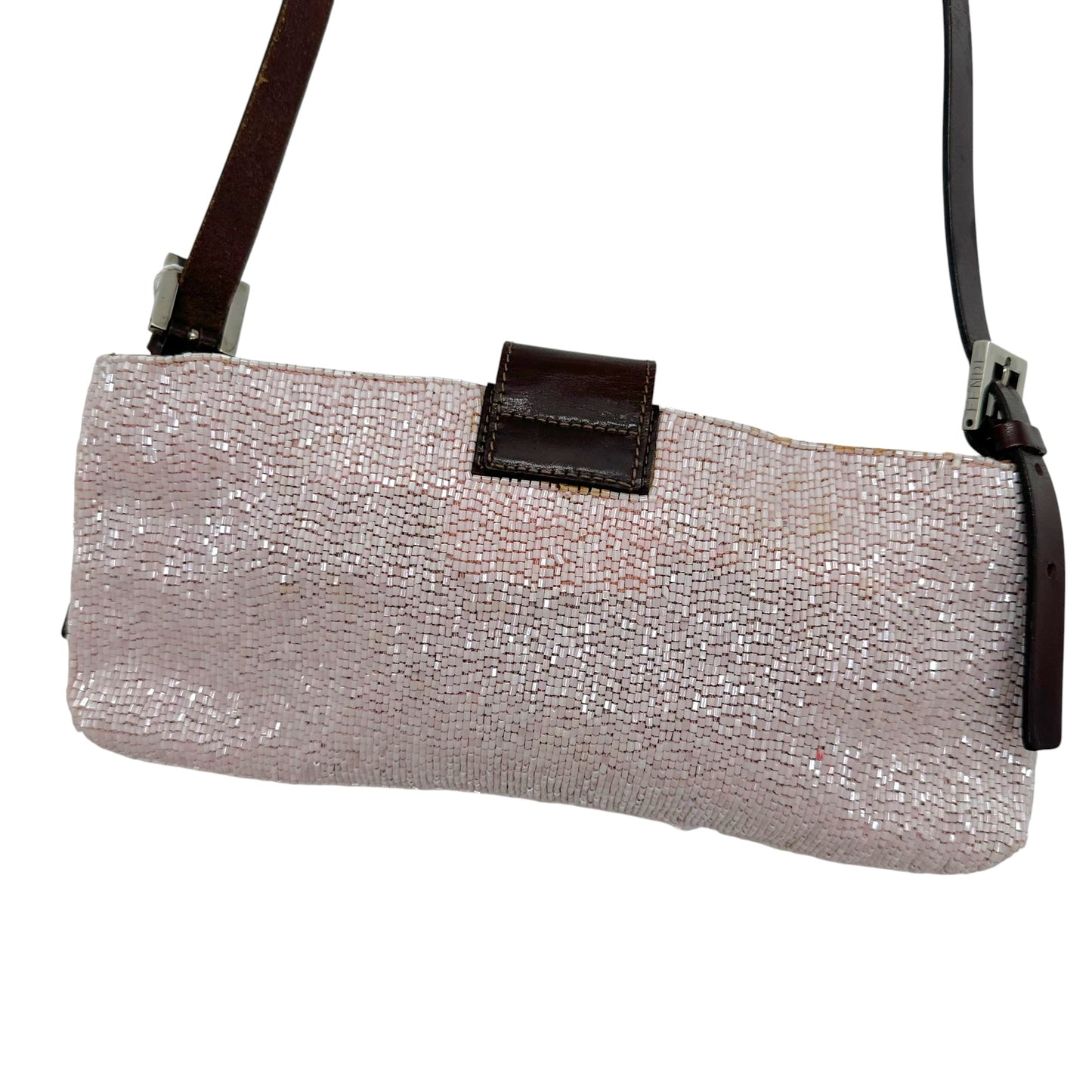 Fendi Crossbody Baguette Bag Light Pink Beaded Brown Leather