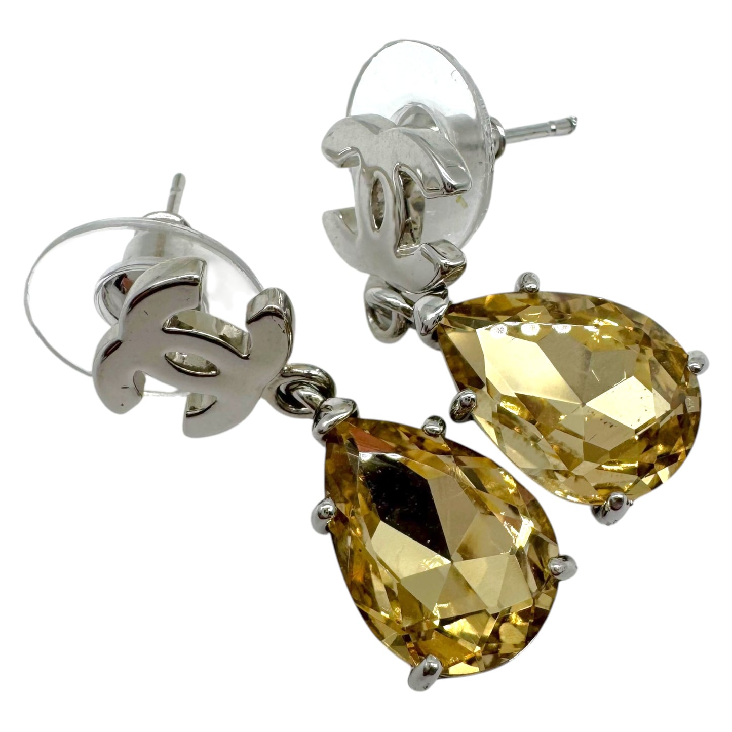 Chanel Teardrop Earrings Silver Yellow Crystal CC Logo
