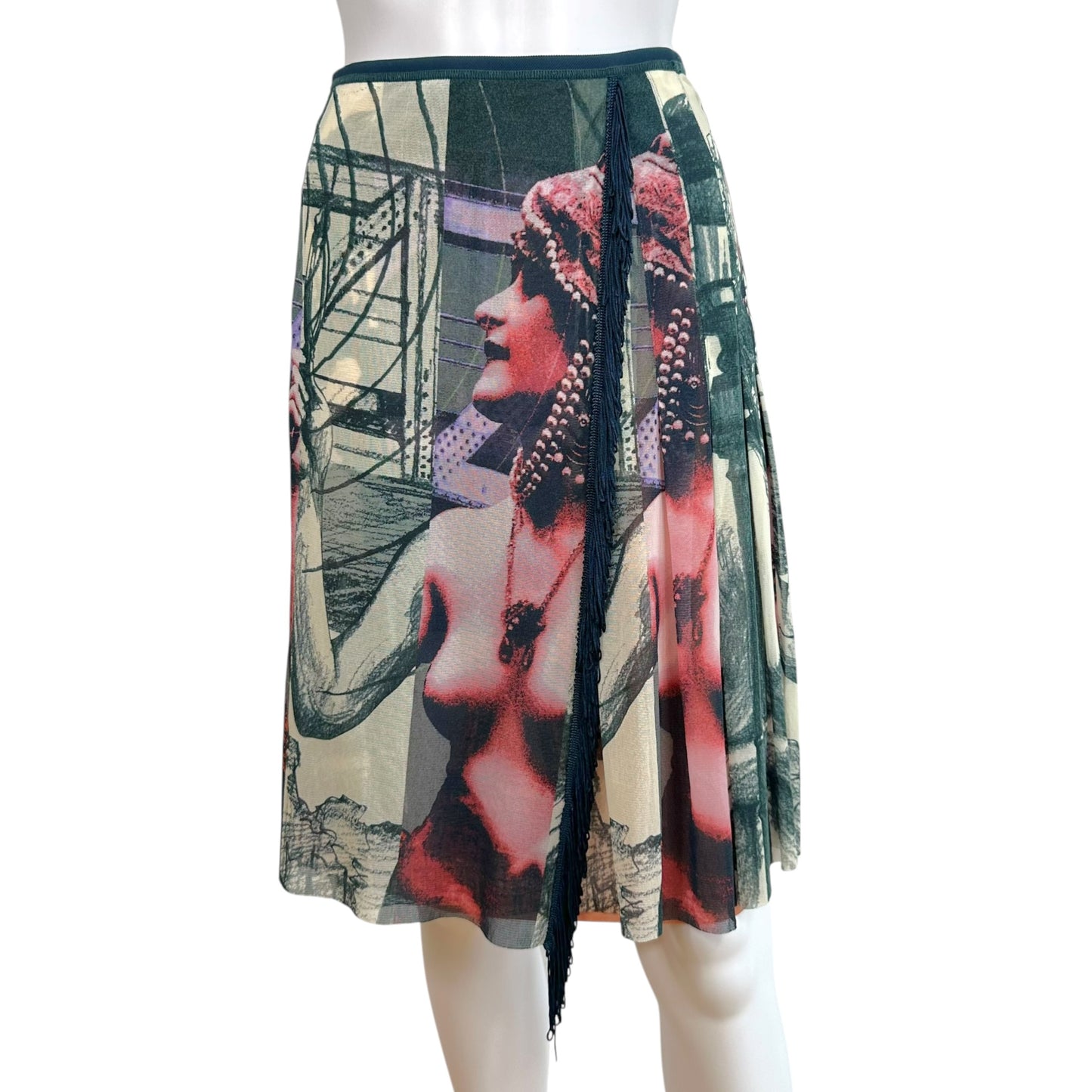 Jean Paul Gaultier Multicolor Statue Print Fringe Trim Mesh Midi Skirt