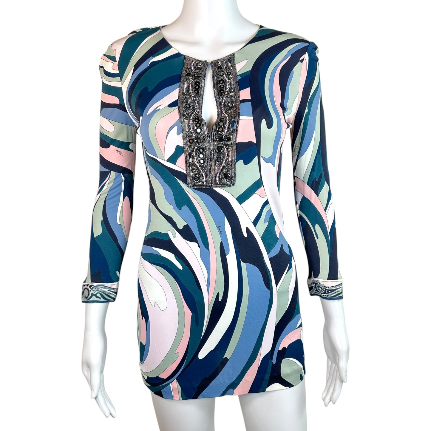 Emilio Pucci Longsleeve Mini Dress Pink Teal Beaded Neckline
