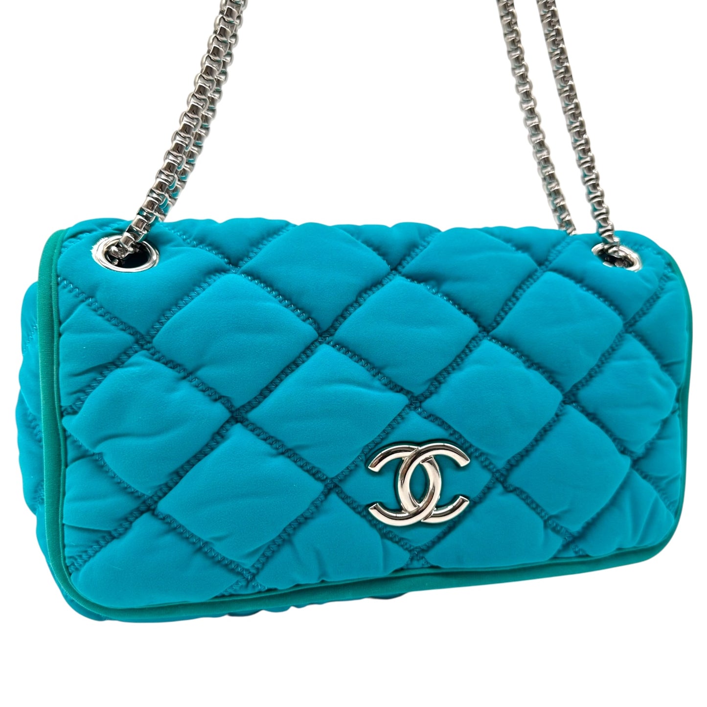Chanel Turquoise Fabric Bubble Quilt Flap Shoulder Bag 2008-09