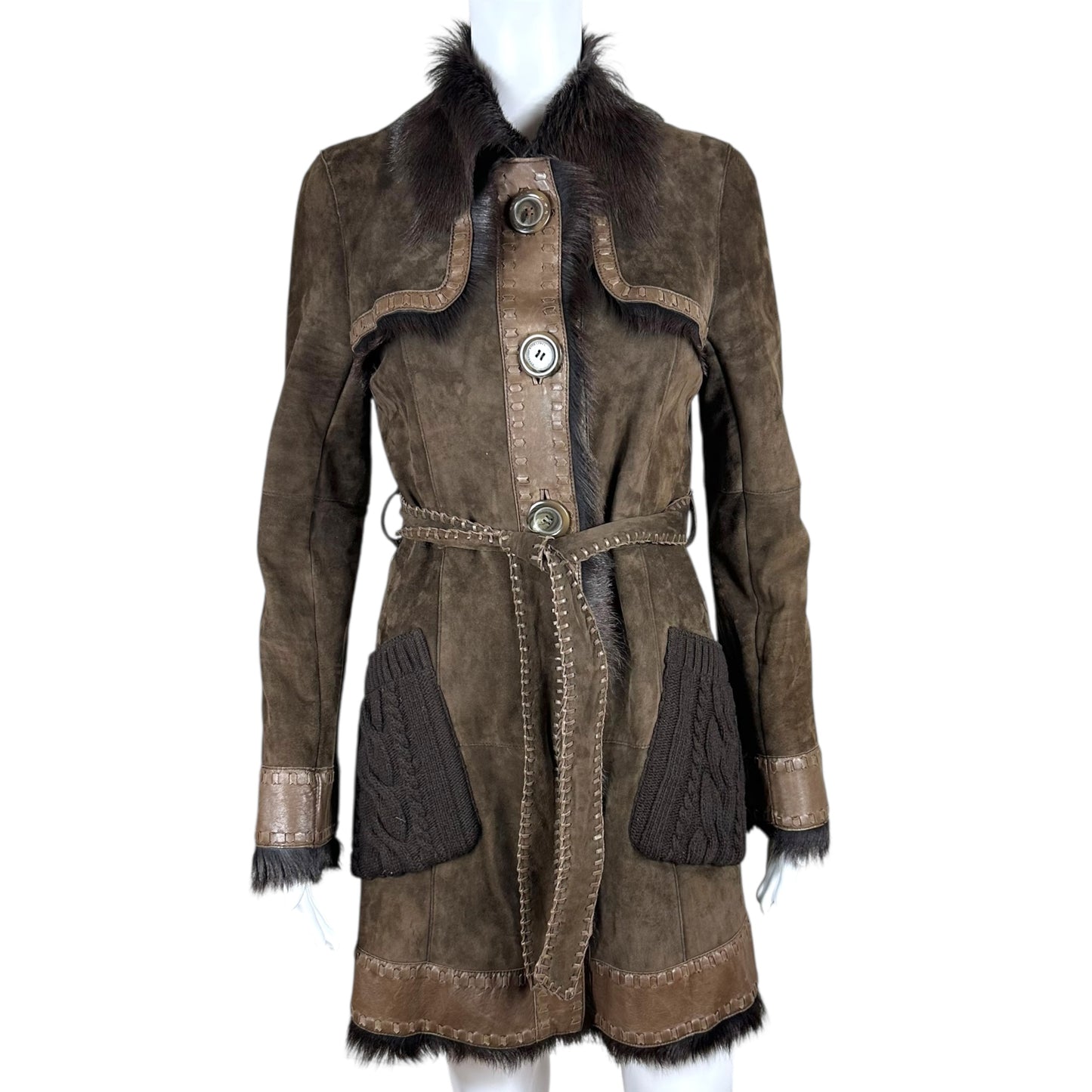 Burberry Suede Leather Fur & Knit Trench Coat