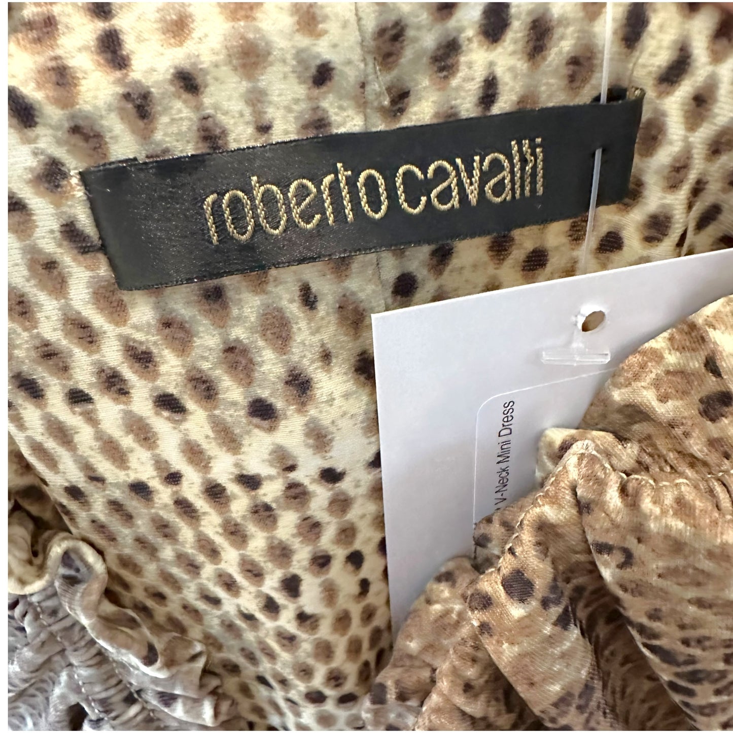 Roberto Cavalli Mini Dress Snakeskin Print V-Neck Large