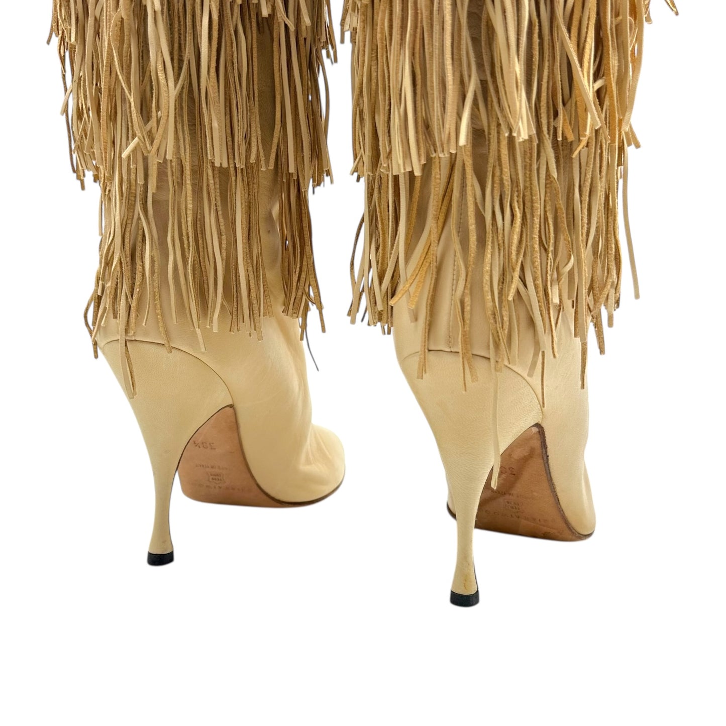 Brian Atwood Beige Leather Fringe Trim Heeled Boots
