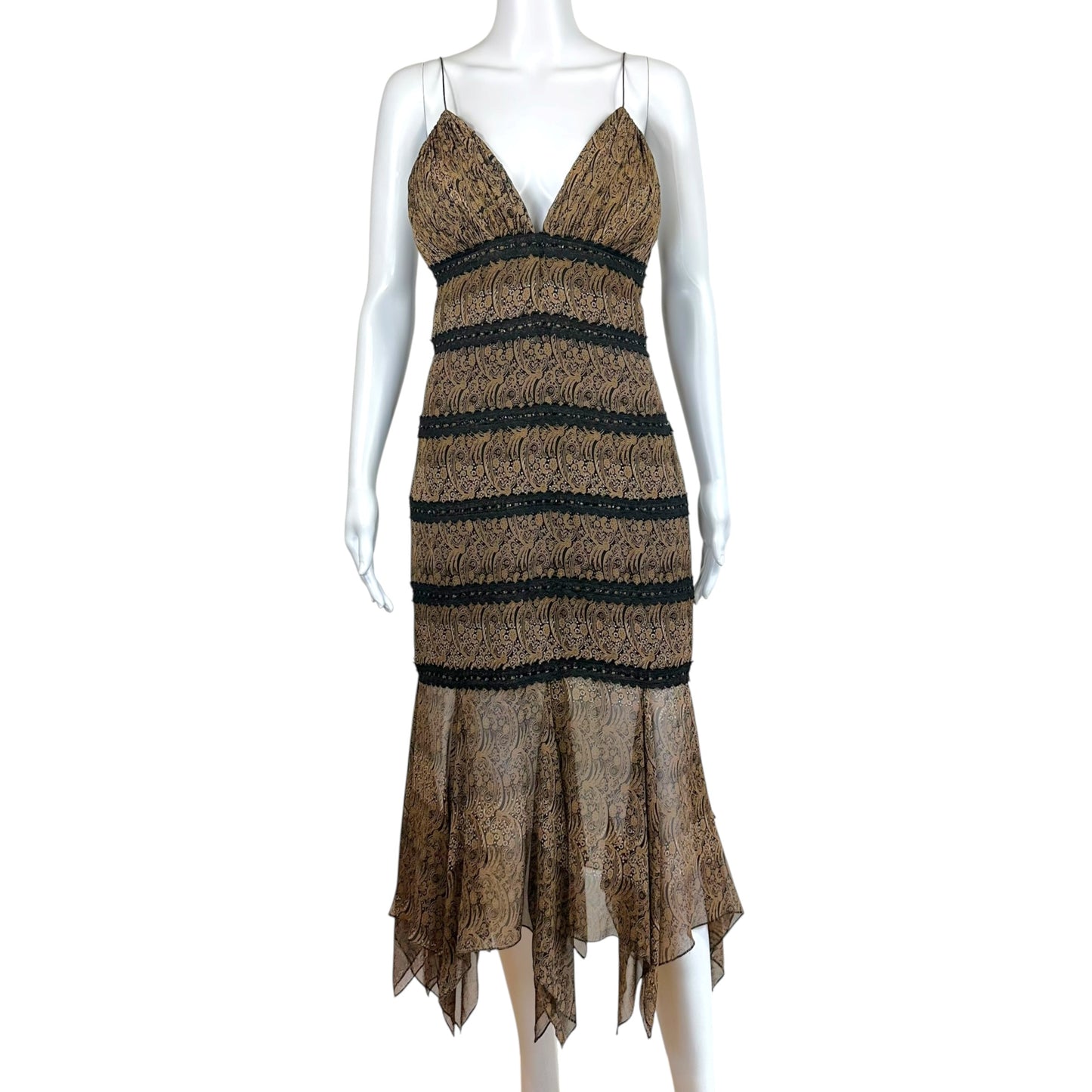 Bob Mackie Brown & Black Paisley Print Beaded Silk Midi Dress & Scarf Set