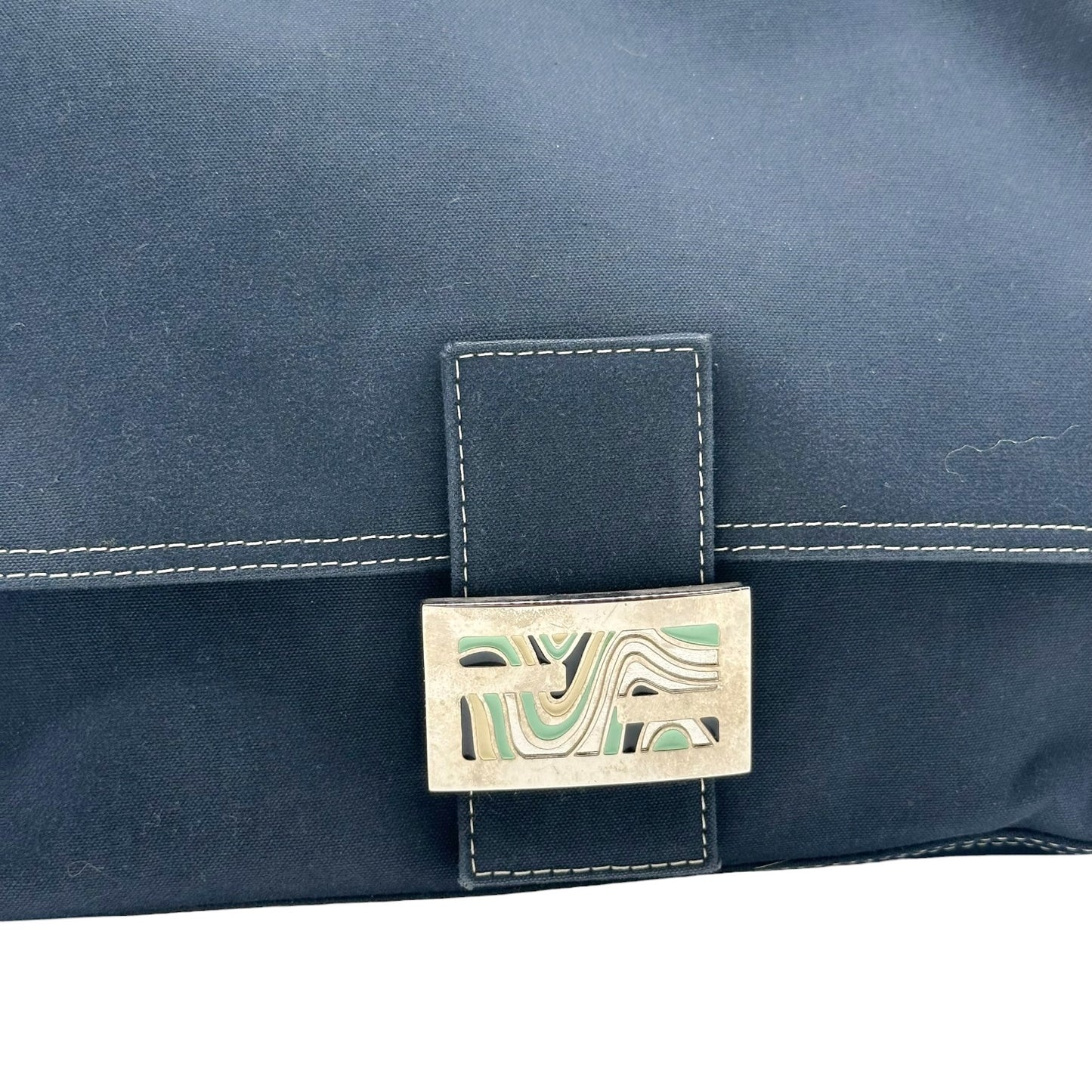 Fendi Navy Blue Canvas Mama Baguette Bag with Enamel Hardware