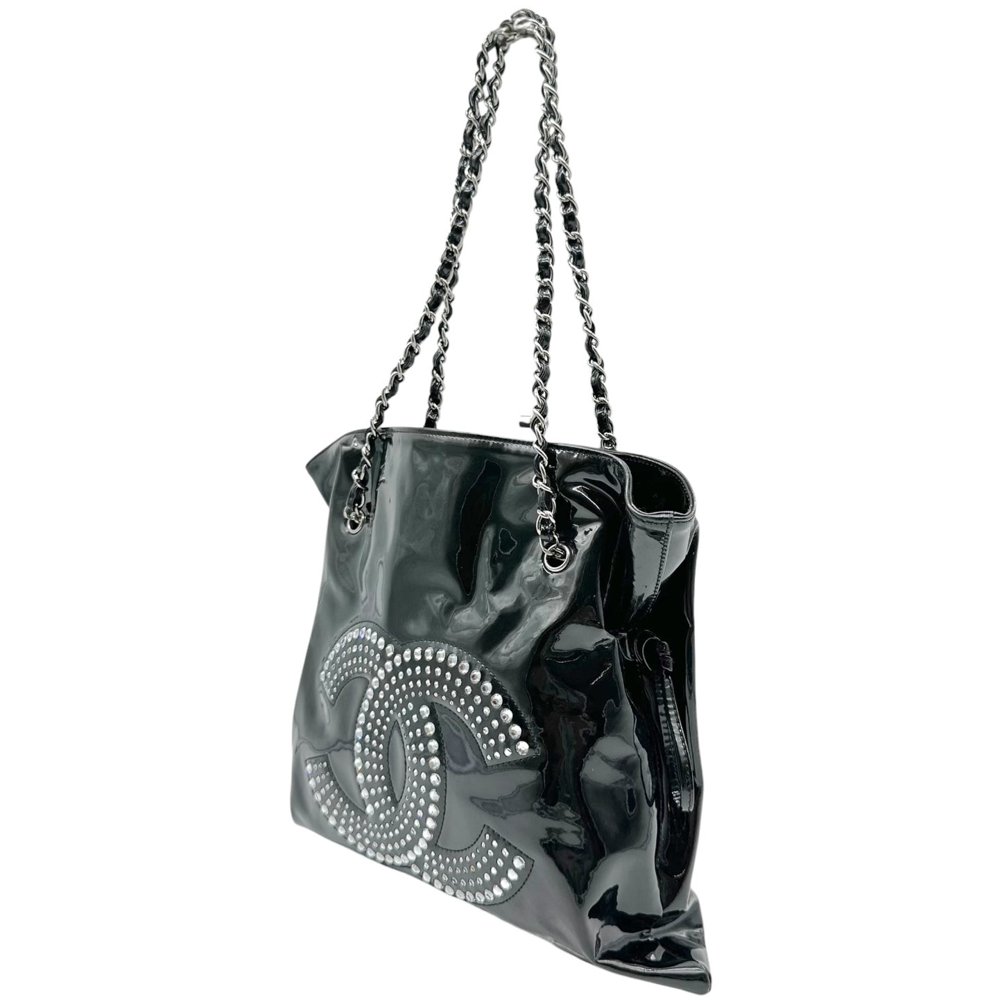 Chanel Black Patent Leather & Rhinestone CC Logo Shoulder Bag 2009-10