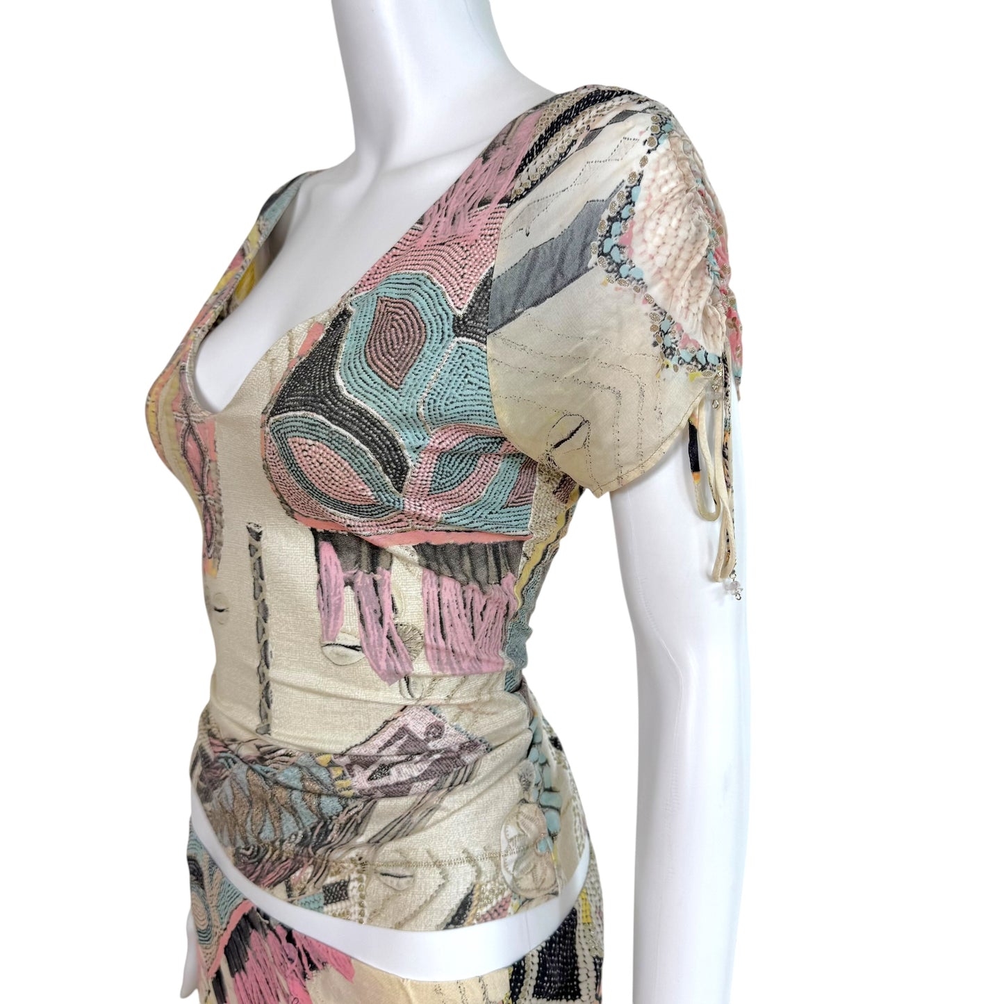 Roberto Cavalli S/S 2003 Metallic & Pastel Printed Silk Blouse & Midi Skirt Set