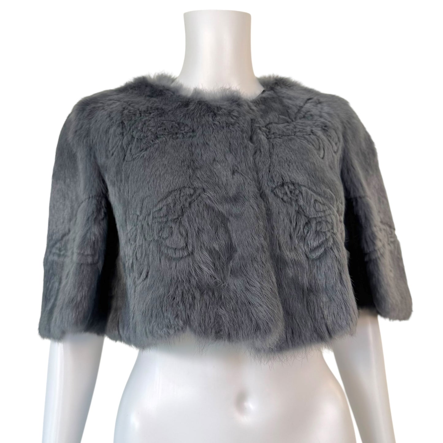 Galliano Gray Butterfly Print Rabbit Fur Cropped Jacket - Outfit Repeater