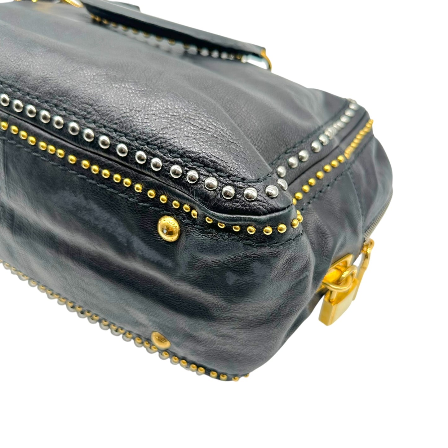 Prada Black Leather Studded 2-Way Bowler Bag