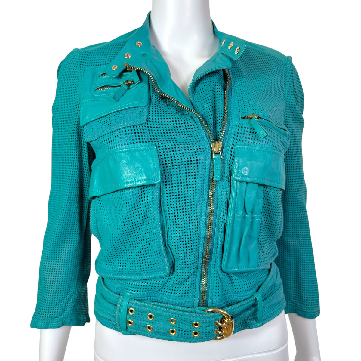 Gucci Cropped Turquoise Perforated Leather Jacket