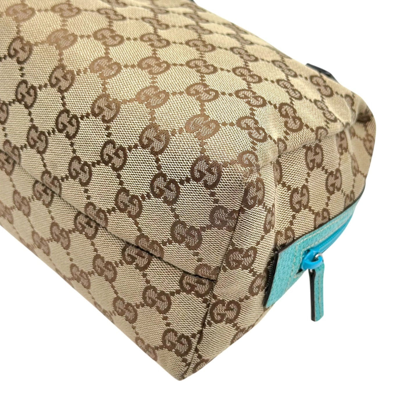 Gucci Tan Monogram & Turquoise Top Handle Pochette Bag