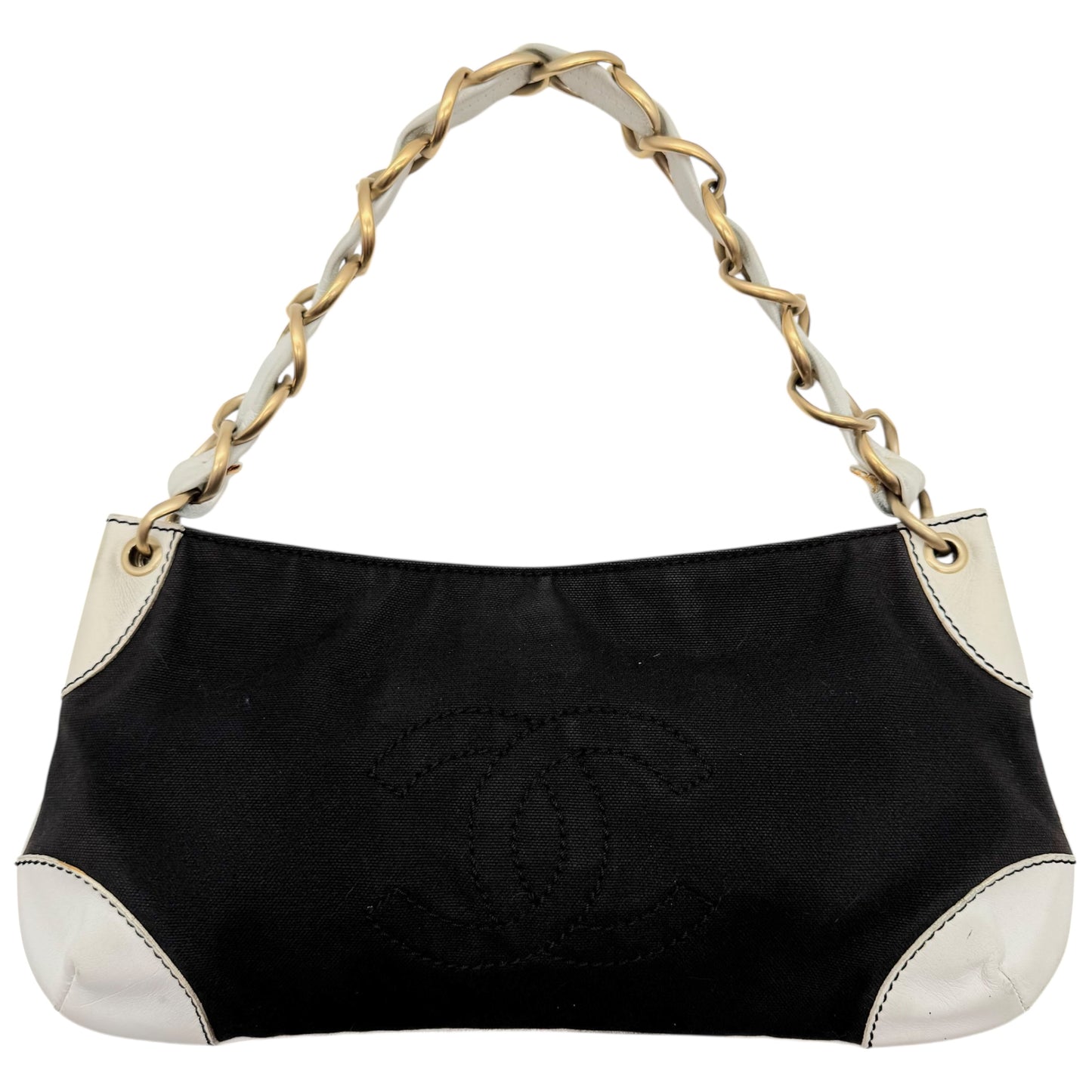 Chanel Black Canvas & White Leather CC Logo Shoulder Bag 2003-04 - Outfit Repeater